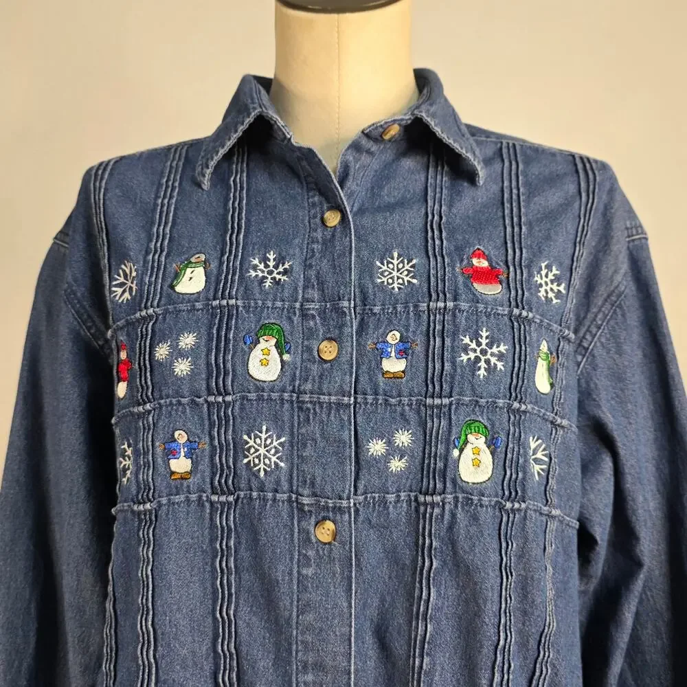 Vintage Christmas Denim Shirt Snowflake Holiday Size Small/Medium Embroidered
